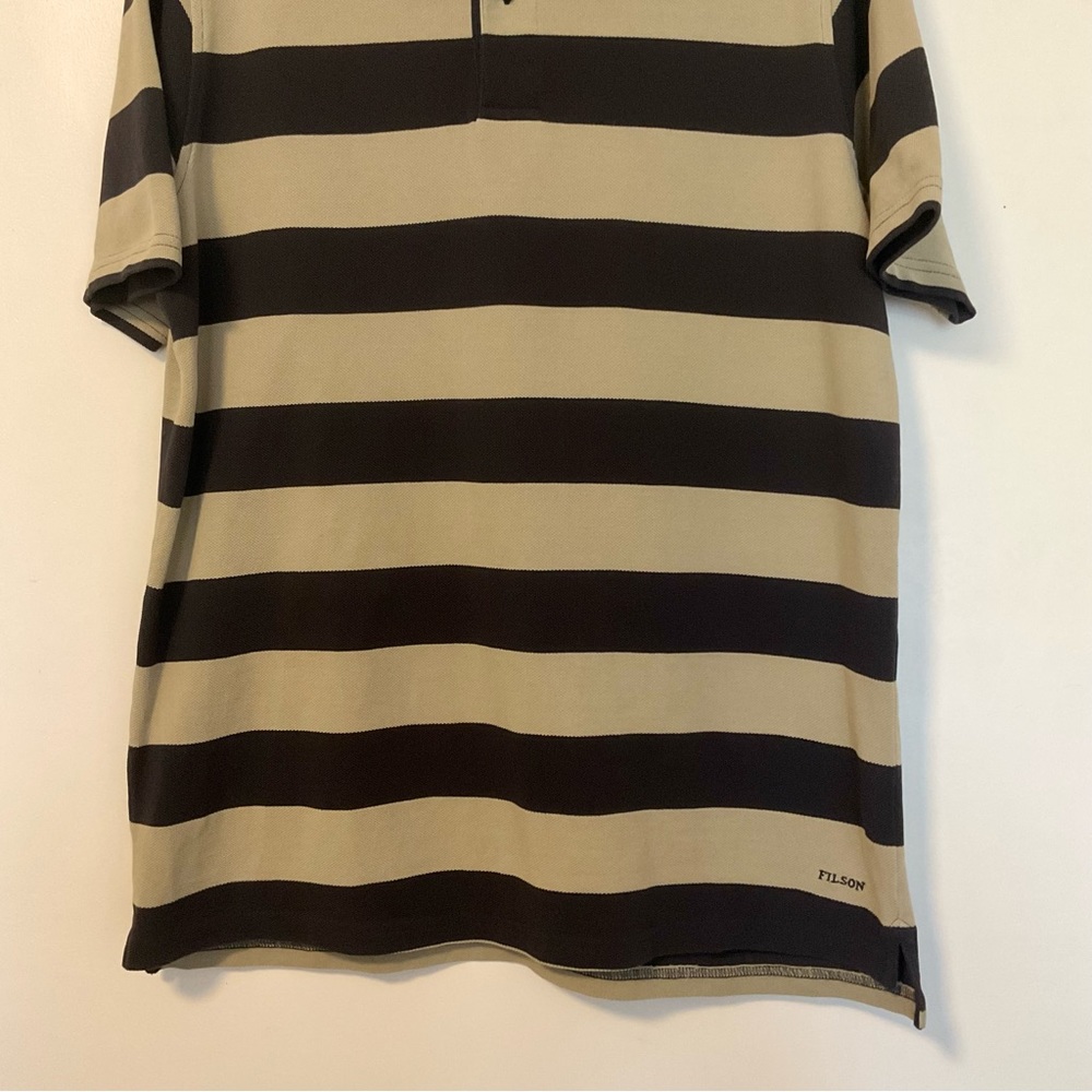 Filson Men’s Striped Polo Shirt Kakai & Faded Blue - Picture 4 of 14